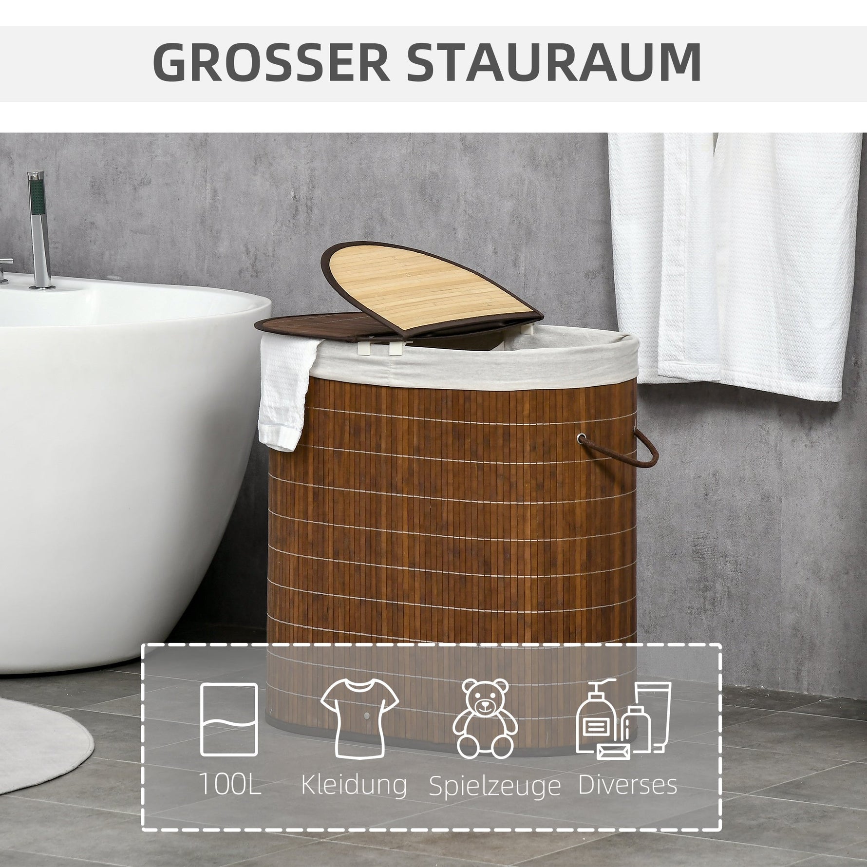 Laundry Basket, 100L with Lid, 2 Bags, Bamboo