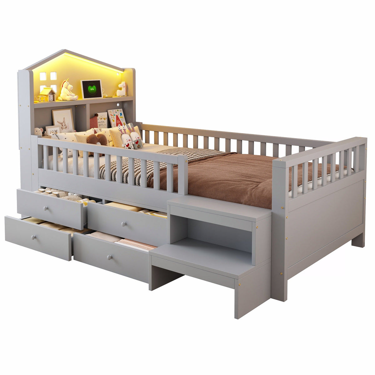 Children's Bed with 4 Drawers, LED Lights, USB and Type-C Charging Ports, 90x200cm, Grey Solid Wood