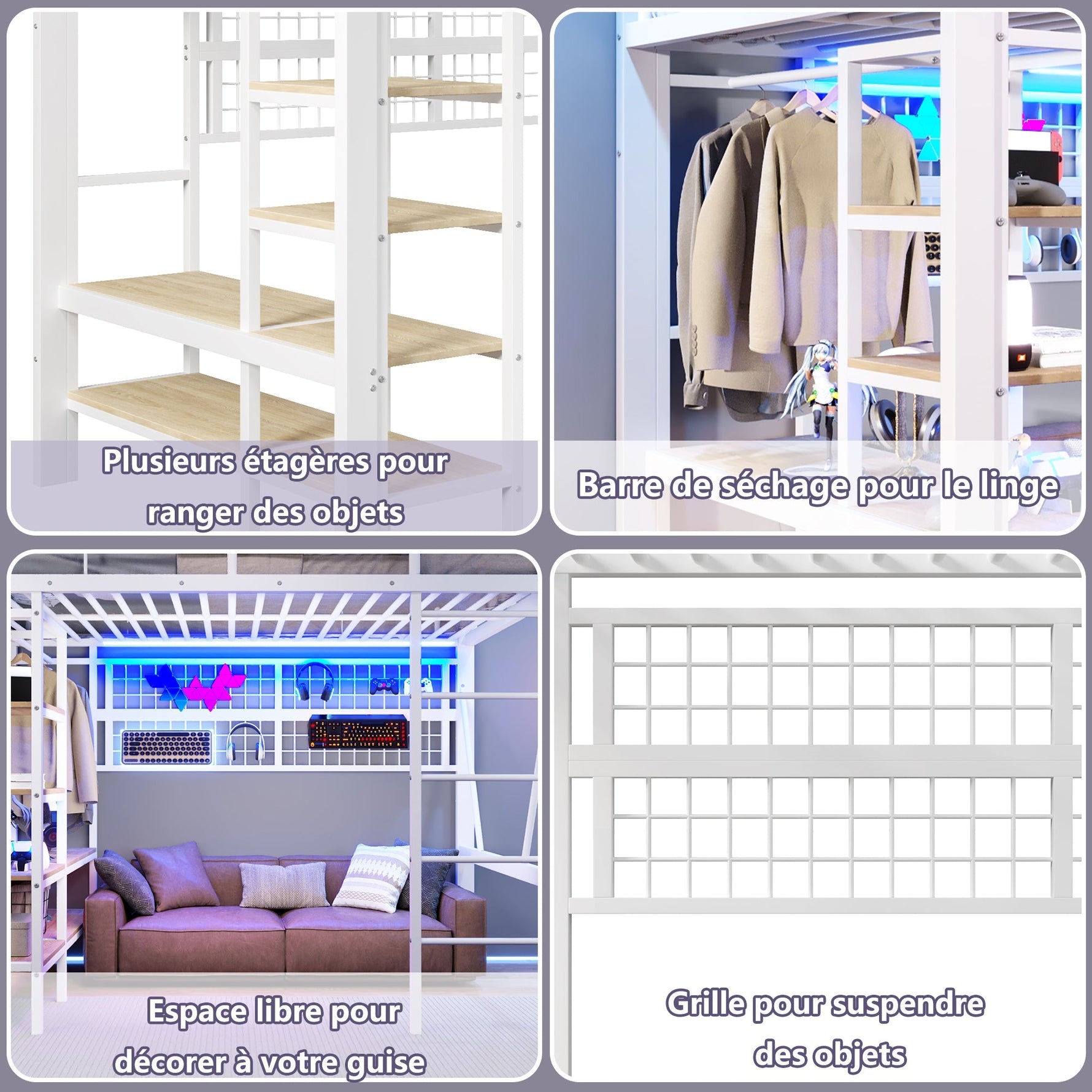 Loft Bed with Storage, LED Light and Clothes Rail, 140 x 200 cm, White Iron Frame
