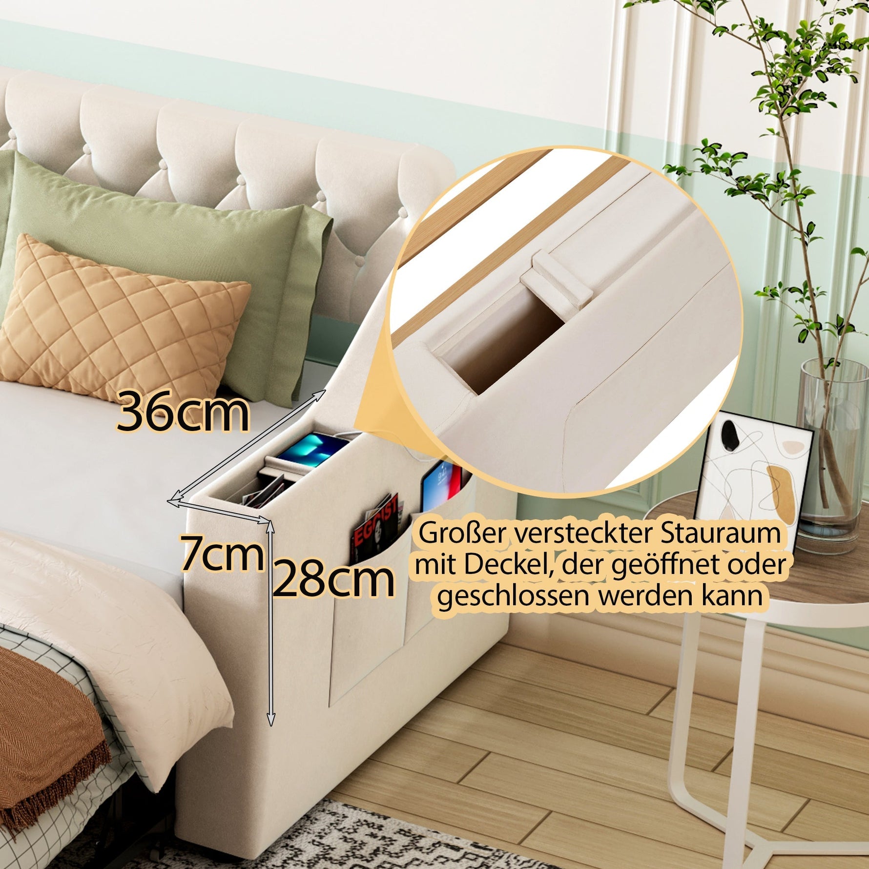 Upholstered Sofa Bed, 90/180*190cm, USB Charging, Storage, Velvet Beige