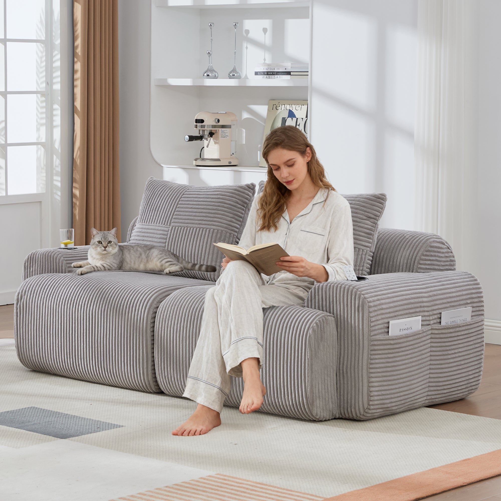 2-Seater Modular Sofa with Cup Holder and Side Pocket, Light Grey Corduroy