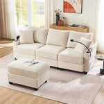 L-shaped Corner Sofa, Convertible 3-Seater with Footstool, Cup Holder, USB Charger, Armrest Storage, Beige
