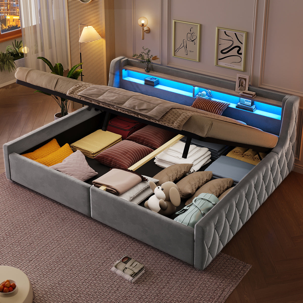 Platform Bed 140x200 with Hydraulic Storage & LED, Grey Velvet