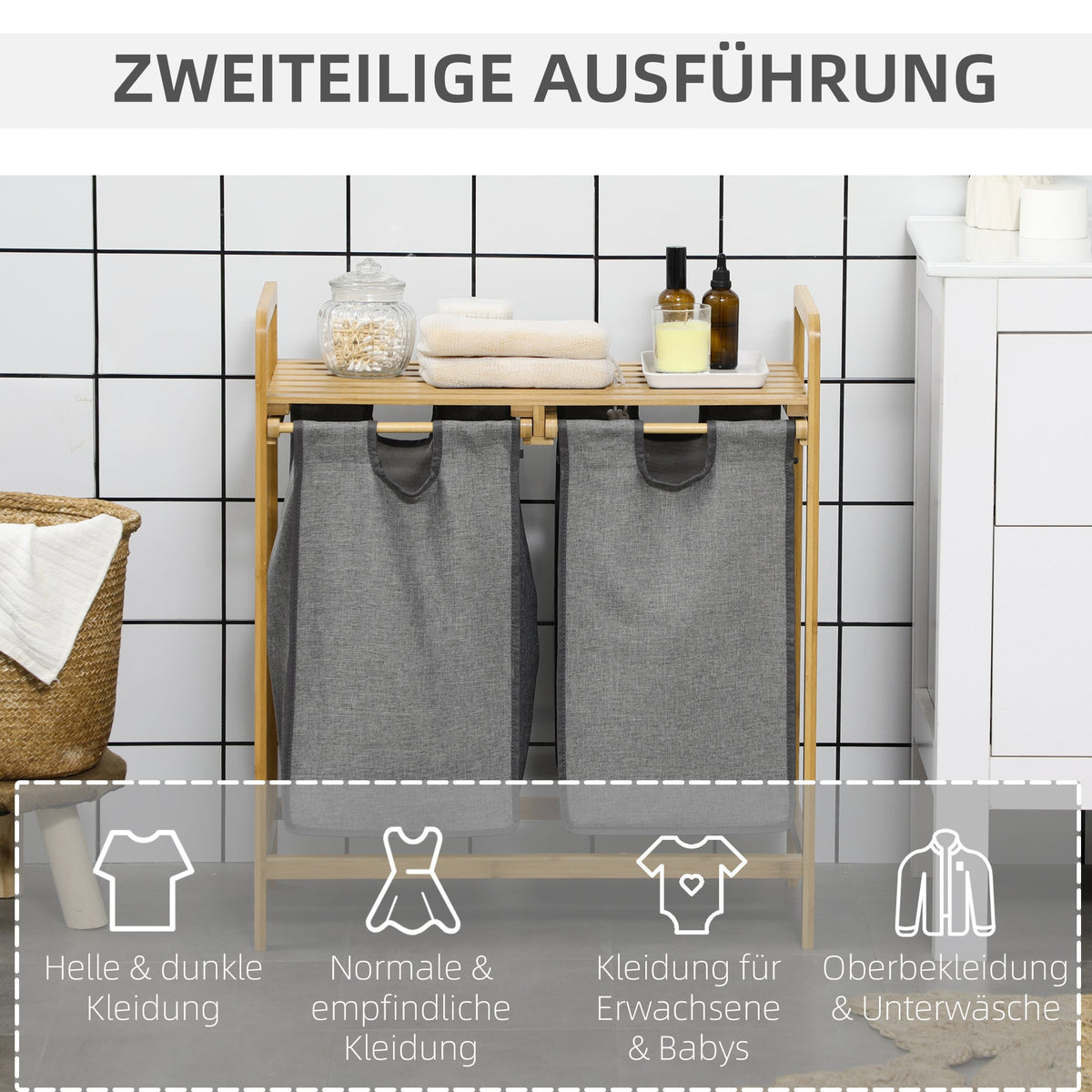 Laundry Basket with Platform, 2 Bags, Bamboo Grey+Natural