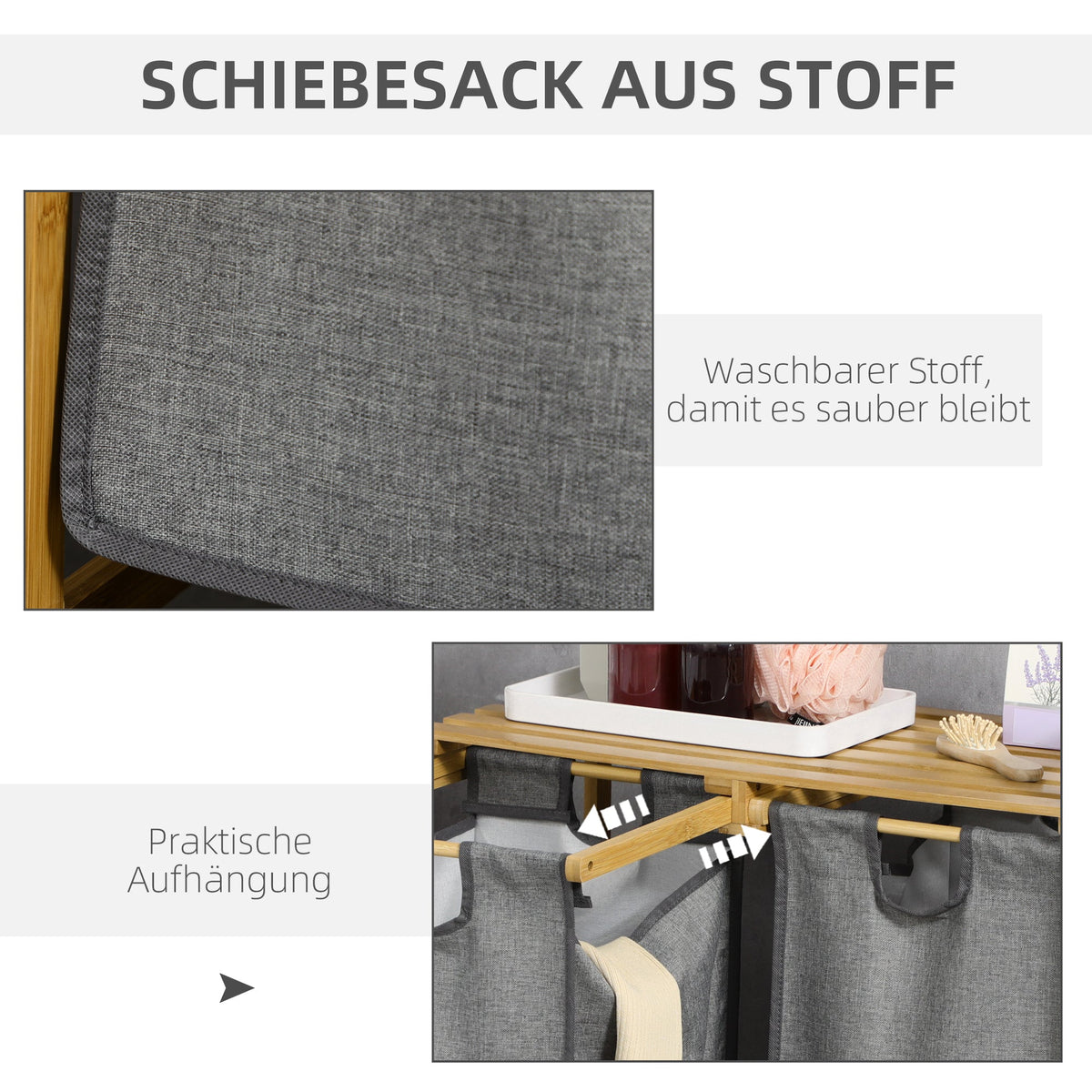 Laundry Basket with Platform, 2 Bags, Bamboo Grey+Natural