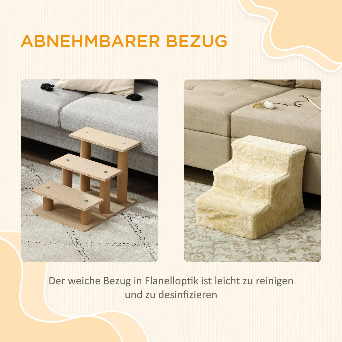 Dog Stairs, 3-Step 35 cm, Plush Look, Beige