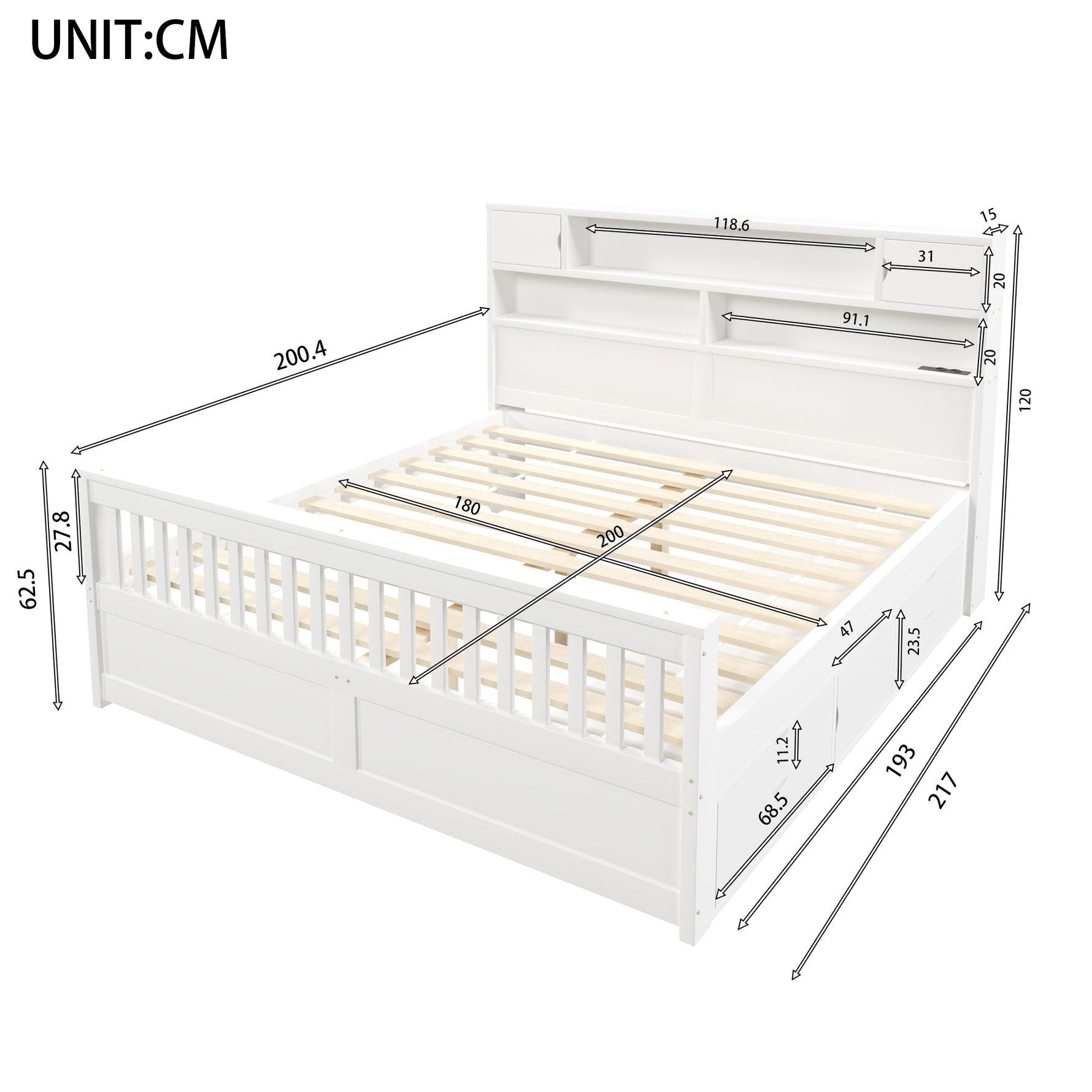Platform Bed Frame with Storage Shelves, LED, USB and 4 Drawers, 180x200cm, White