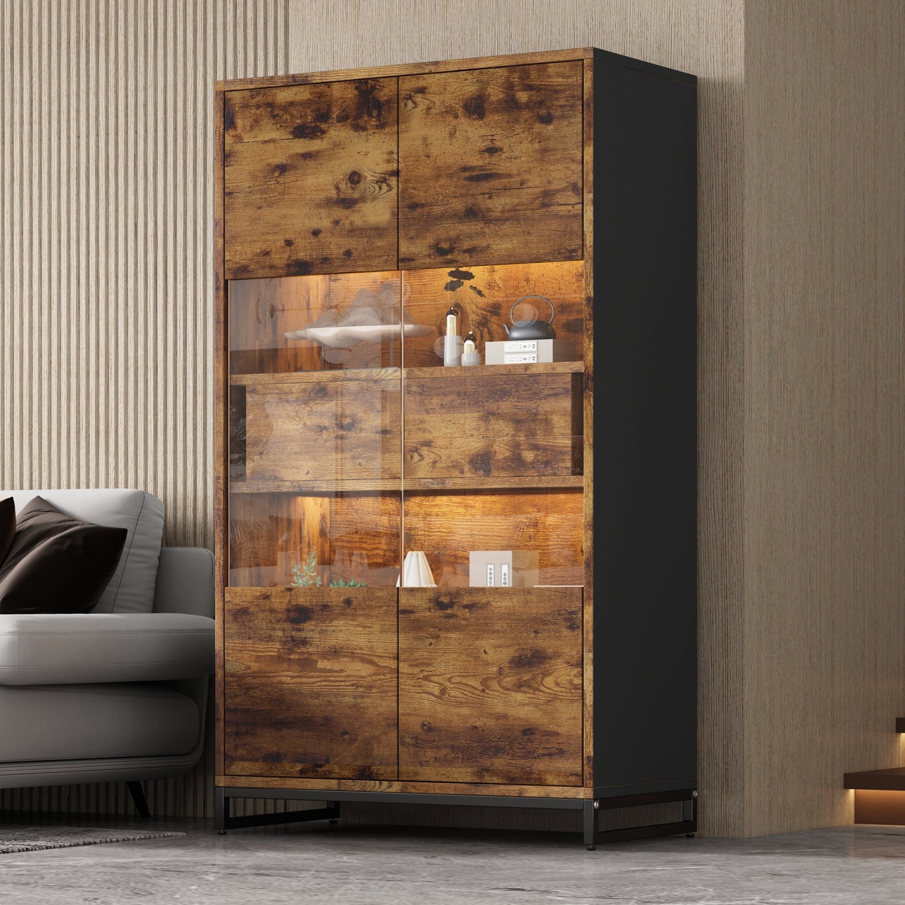 Display Cabinet LED Lighting Storage 2 Drawers Highboard, Black + Wood Grain