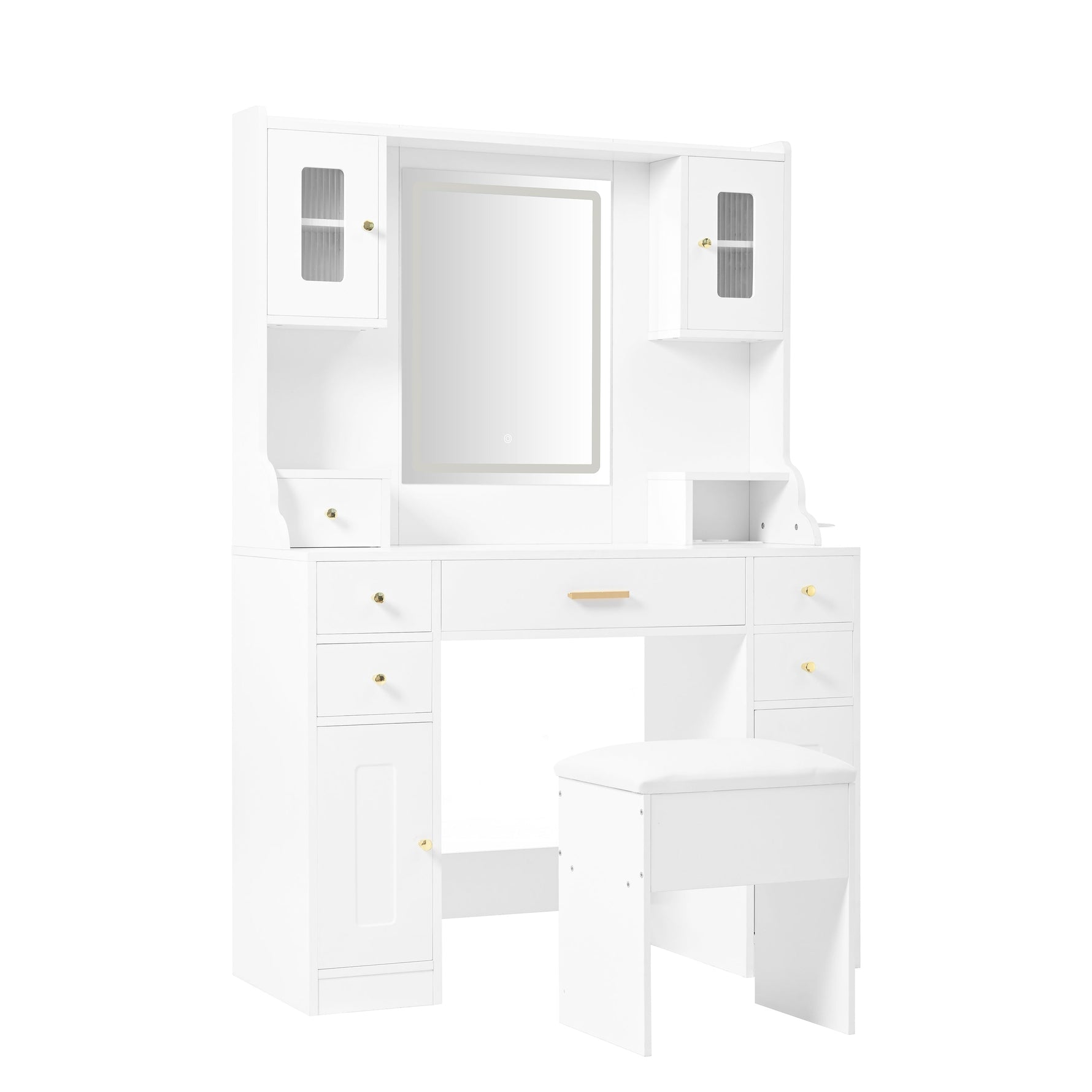 Dressing table with adjustable LED lighting, power outlets, mirror, 6 drawers, 4 doors, white
