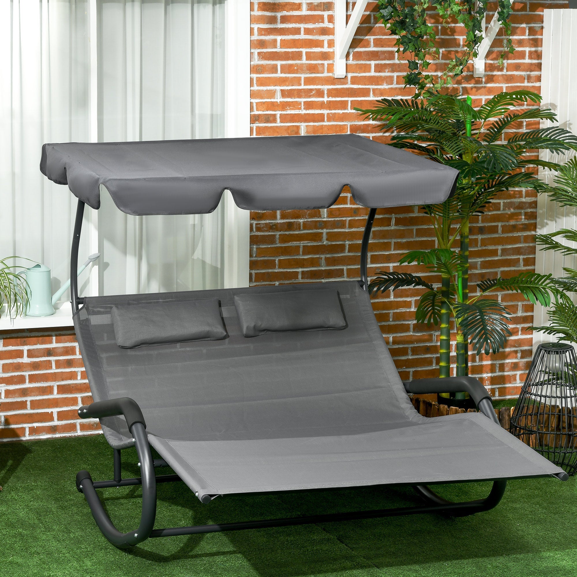 Double Sun Lounger/Rocking Bench with Sunshade, Wheels, 220kg Capacity, for 2 People, Dark Grey