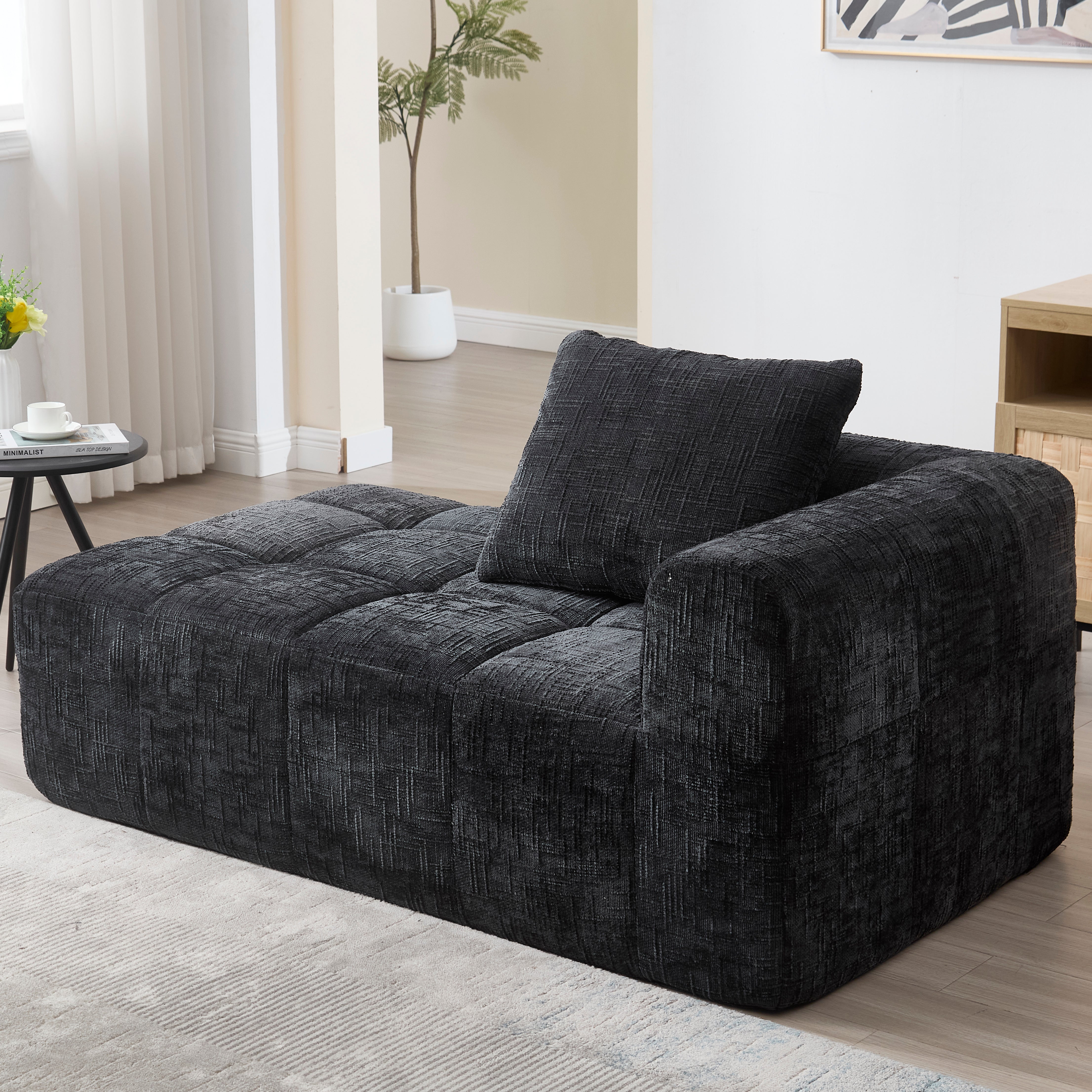 Chaise Longue Sofa, Soft Cushions Side Pockets, Black