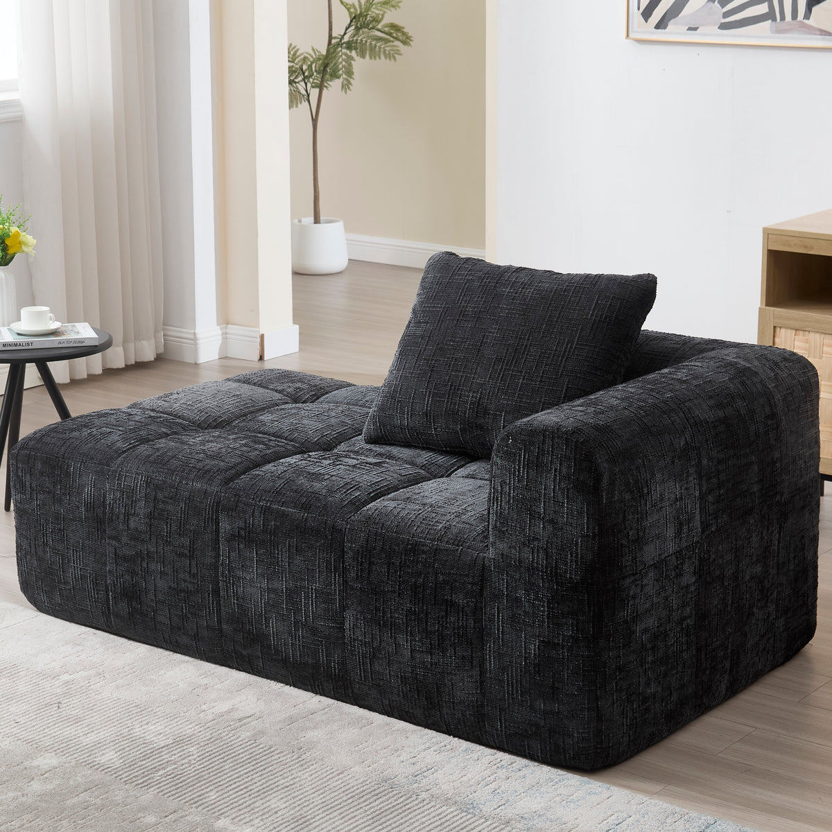 Chaise Longue Sofa, Soft Cushions Side Pockets, Black