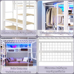 Loft Bed with Storage, LED Light and Clothes Rail, 140 x 200 cm, White Iron Frame