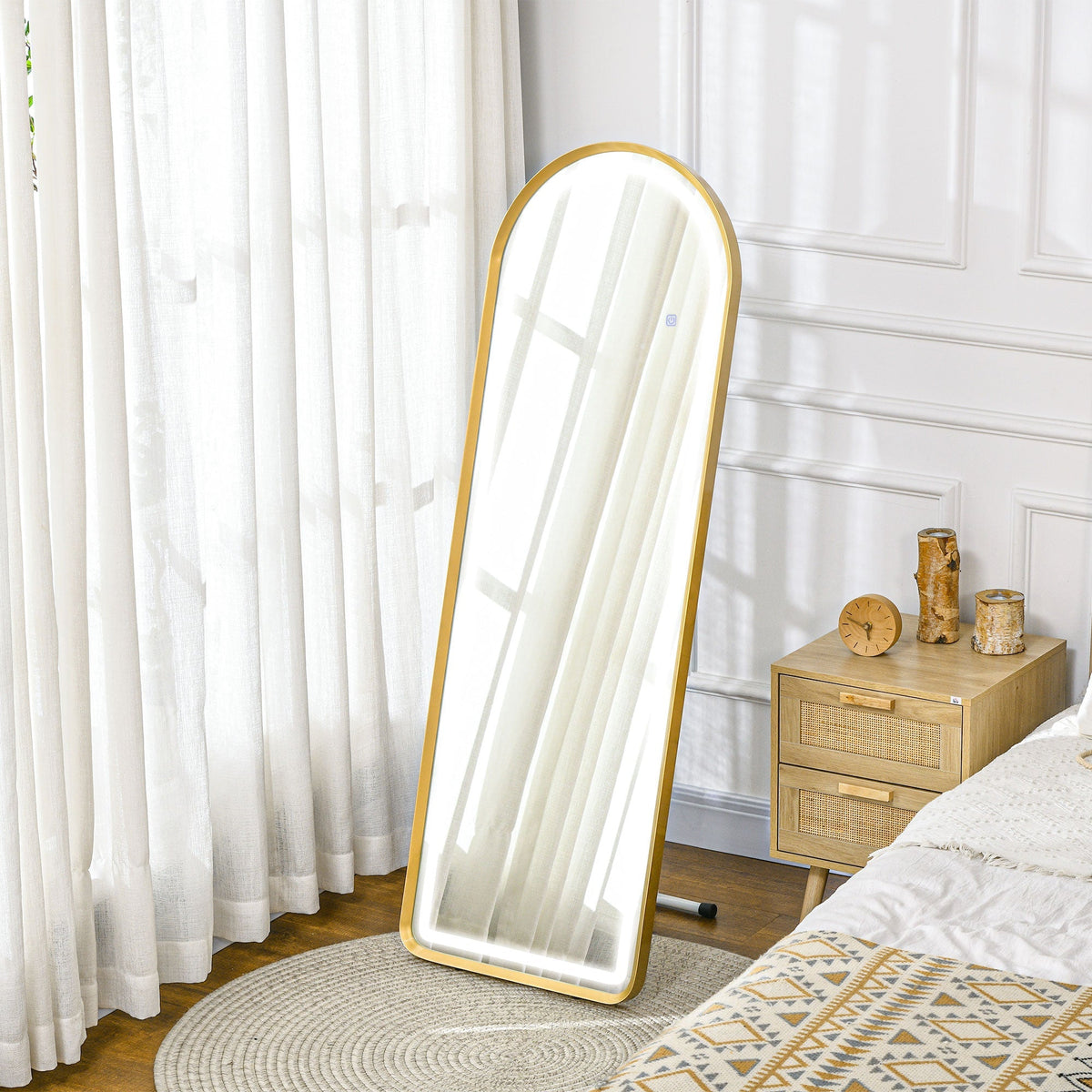 Full-Length Mirror, Dimmable LED, Wall & Standing, Touch Switch, Gold