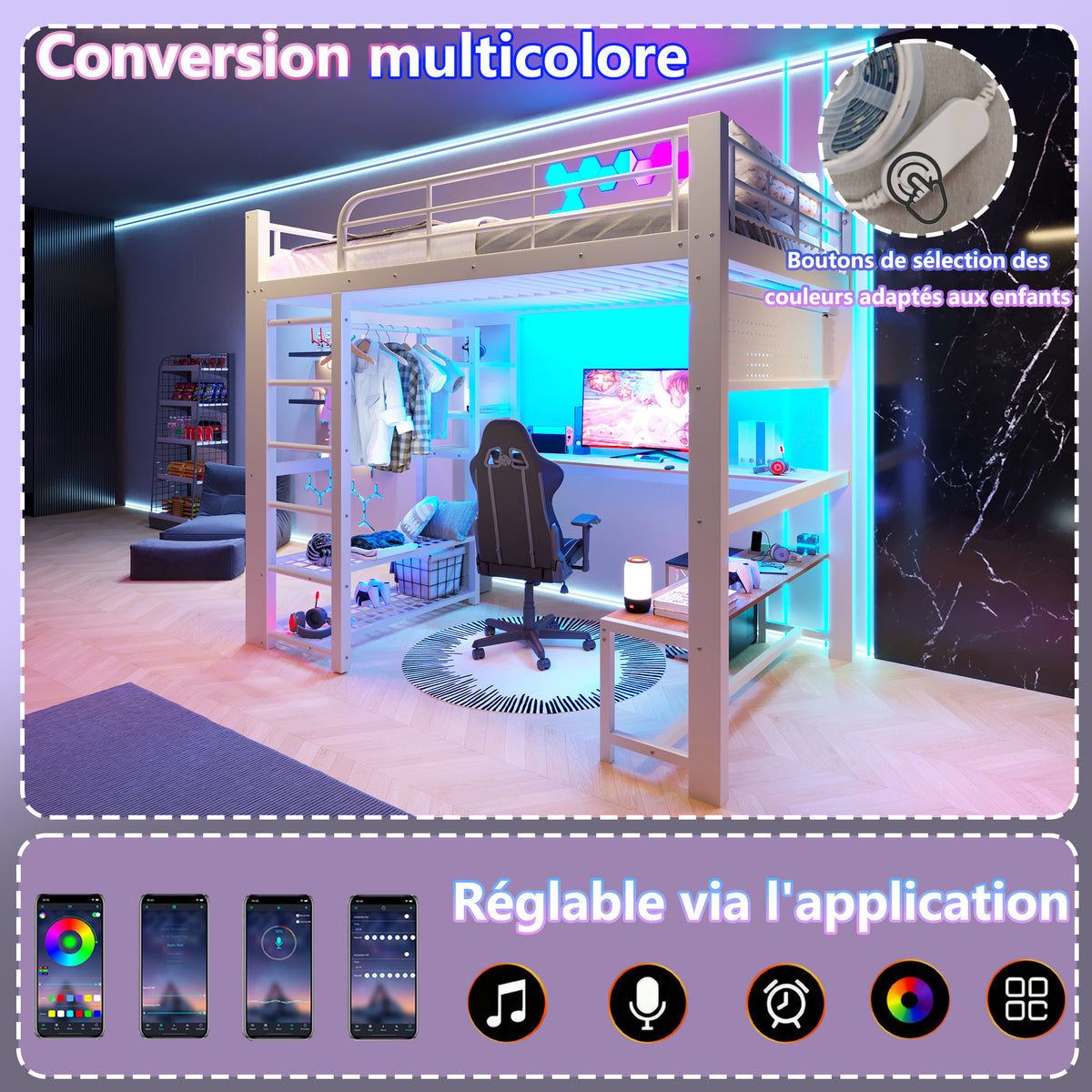 Loft Bed 140x200cm with LED, Storage Stairs & Grid, White Metal