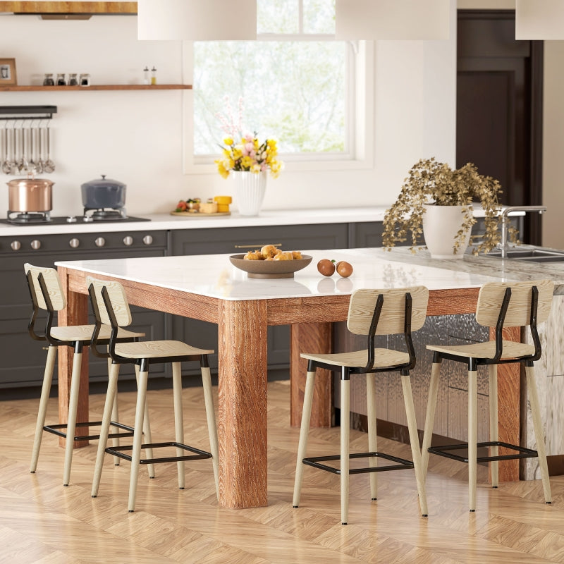 Bar Stools, 2 Counter Stools with Backrest and Footrest, Steel Legs, Natural