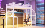 Metal Loft Bed 90x200cm with Light Strip Charging Socket Storage Ladder Wardrobe Desk White