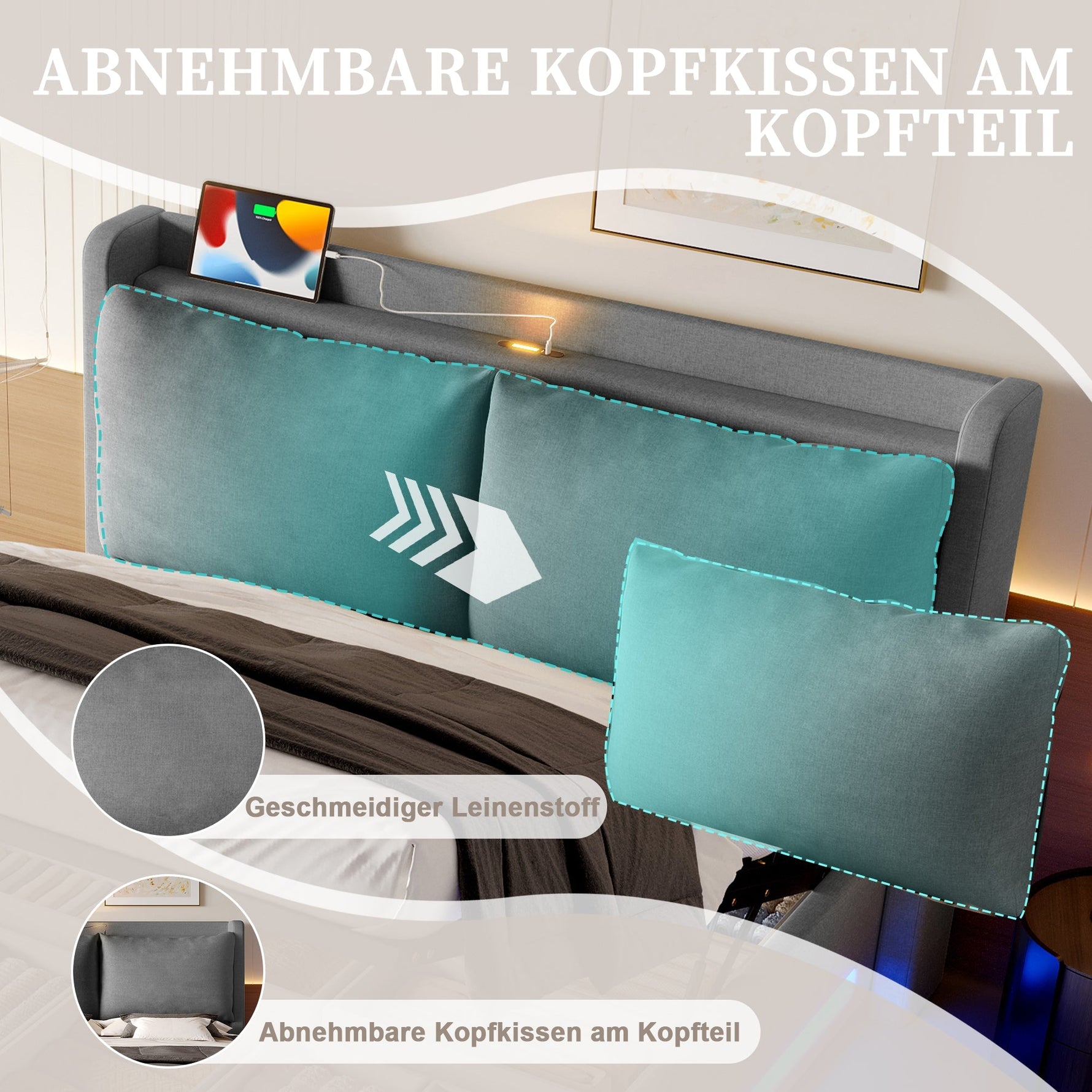 Upholstered Bed 160x200cm with Stylish Headboard, Storage, USB-C Ports, and LED Lighting