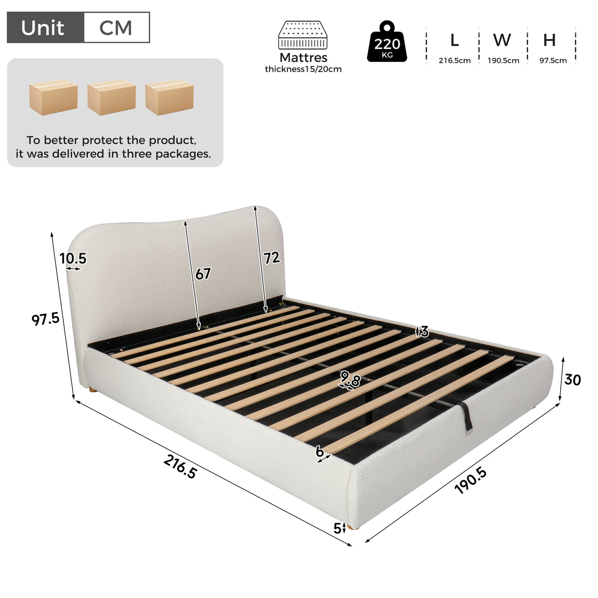 Upholstered Double Bed 180x200cm with Storage, White Bouclé