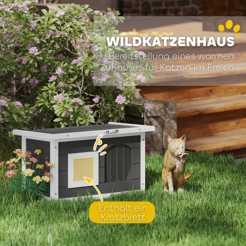 Wooden Cat House, Scratching Mat, Weatherproof, Indoor/Outdoor, Grey