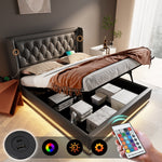 Upholstered Double Bed, 140x200 cm Hydraulic Storage with USB-C Charging & LED, Black PU