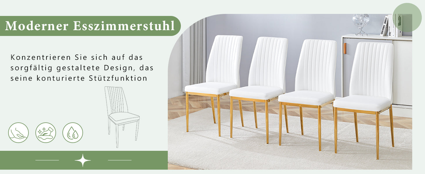 Fashionable Dining Chair 4-Piece Set with Golden Metal Legs, White PU Leather