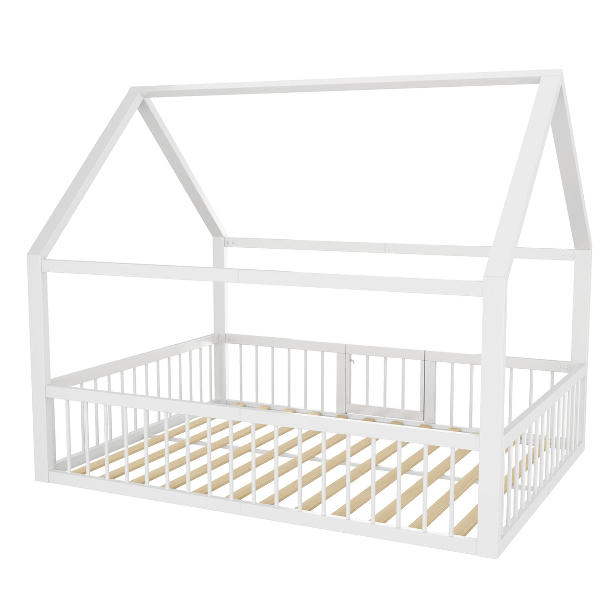 Flatbed Metal Bed 140x200cm with House Trim & Railing - White