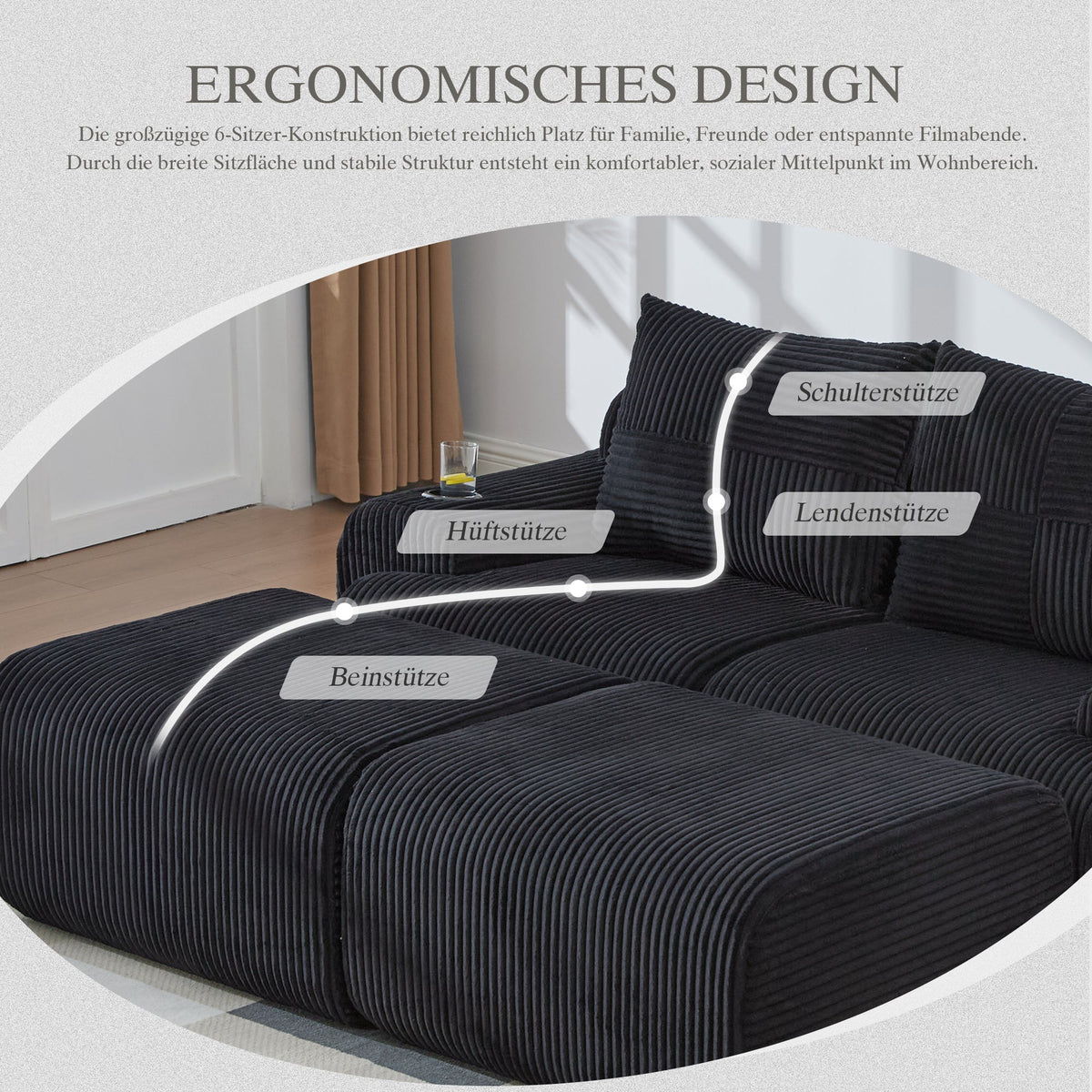Modular 2-Seater Sofa with 2 Ottomans, Cupholder and Storage Pocket, Black Corduroy