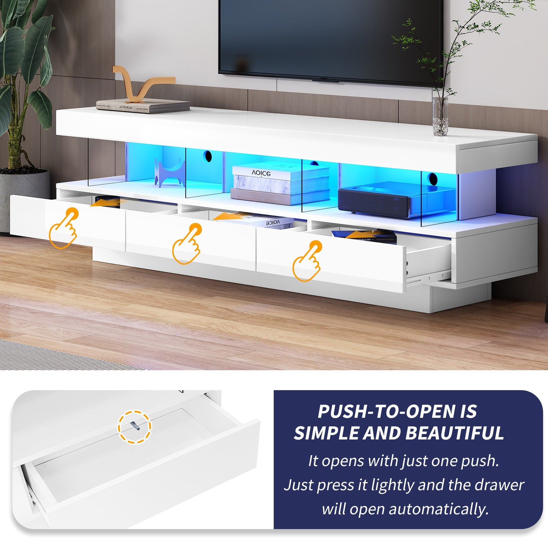 TV Cabinet, 160x38x50.5cm High-Gloss with Glass, LED, App Control, for 70-inch TVs, White