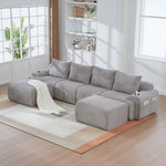 Modular Sofa - 4 Seater 2 Ottomans Cup Holders Storage Corduroy - Light Grey