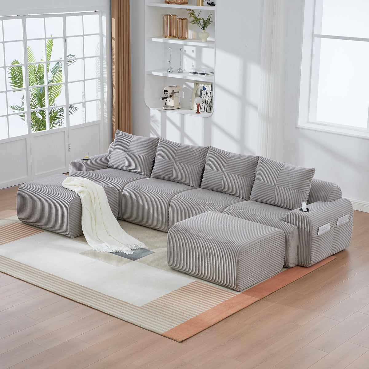 Modular Sofa - 4 Seater 2 Ottomans Cup Holders Storage Corduroy - Light Grey