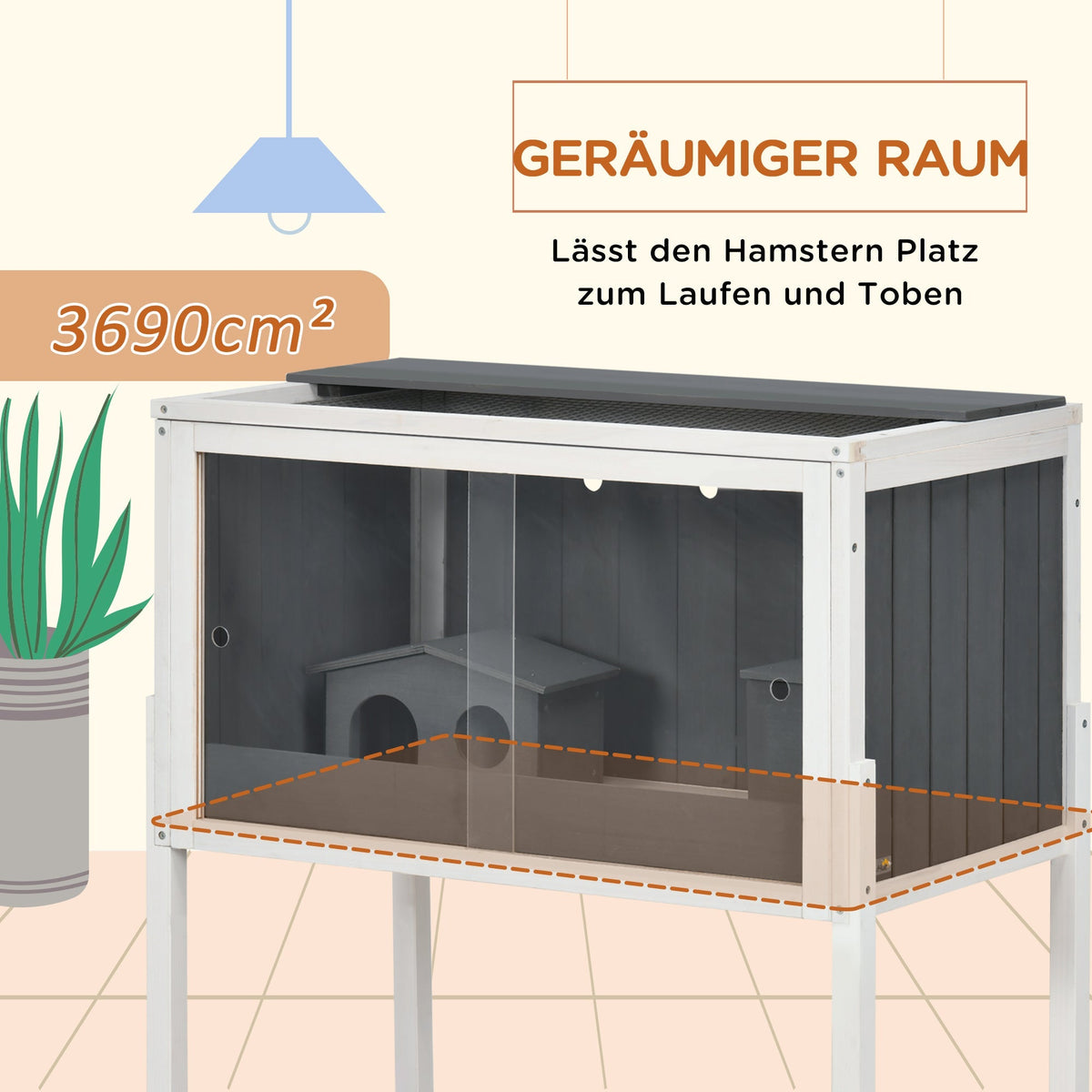 Hamster Cage, 2 Huts, 82 x 45 x 81 cm, Grey Wood