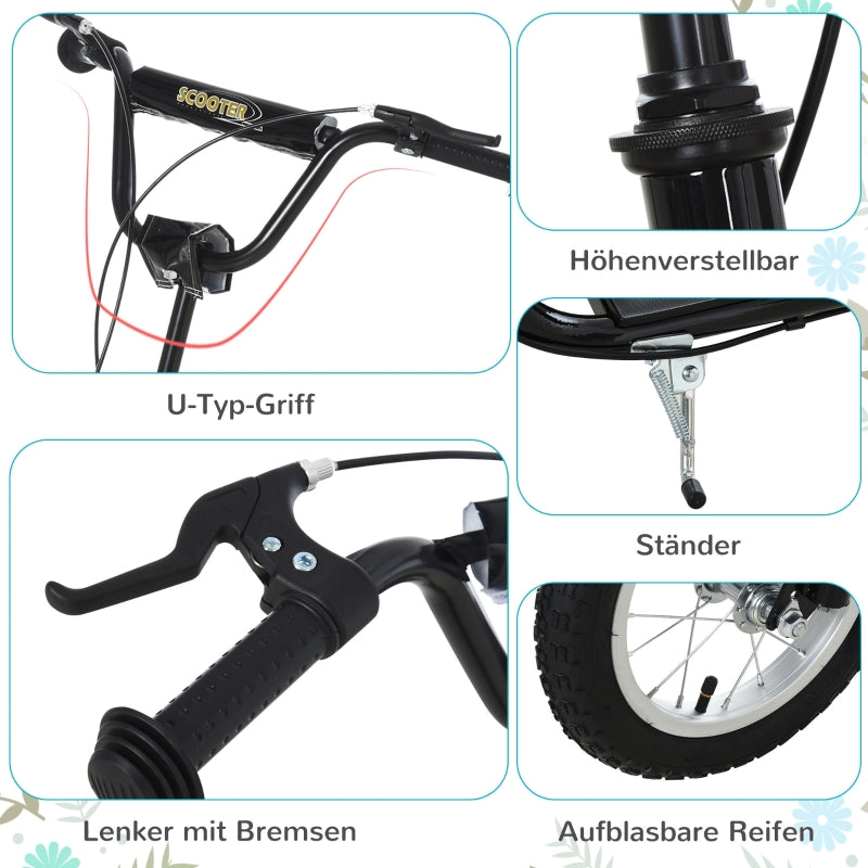 Kids' Scooter with 12-Inch Pneumatic Tires and Kickboard, Aluminum, Black