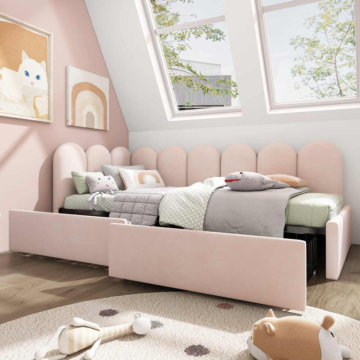 Upholstered Bed, Single with Drawers & Slatted Frame, Velvet Pink