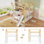 Children's House Loft Bed 90x200cm with Slide, White & Natural Wood