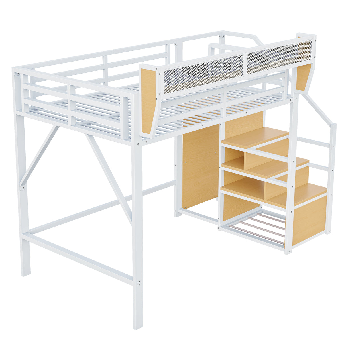 Loft Bed 140x200 with Safety Ladder & Storage, White Metal