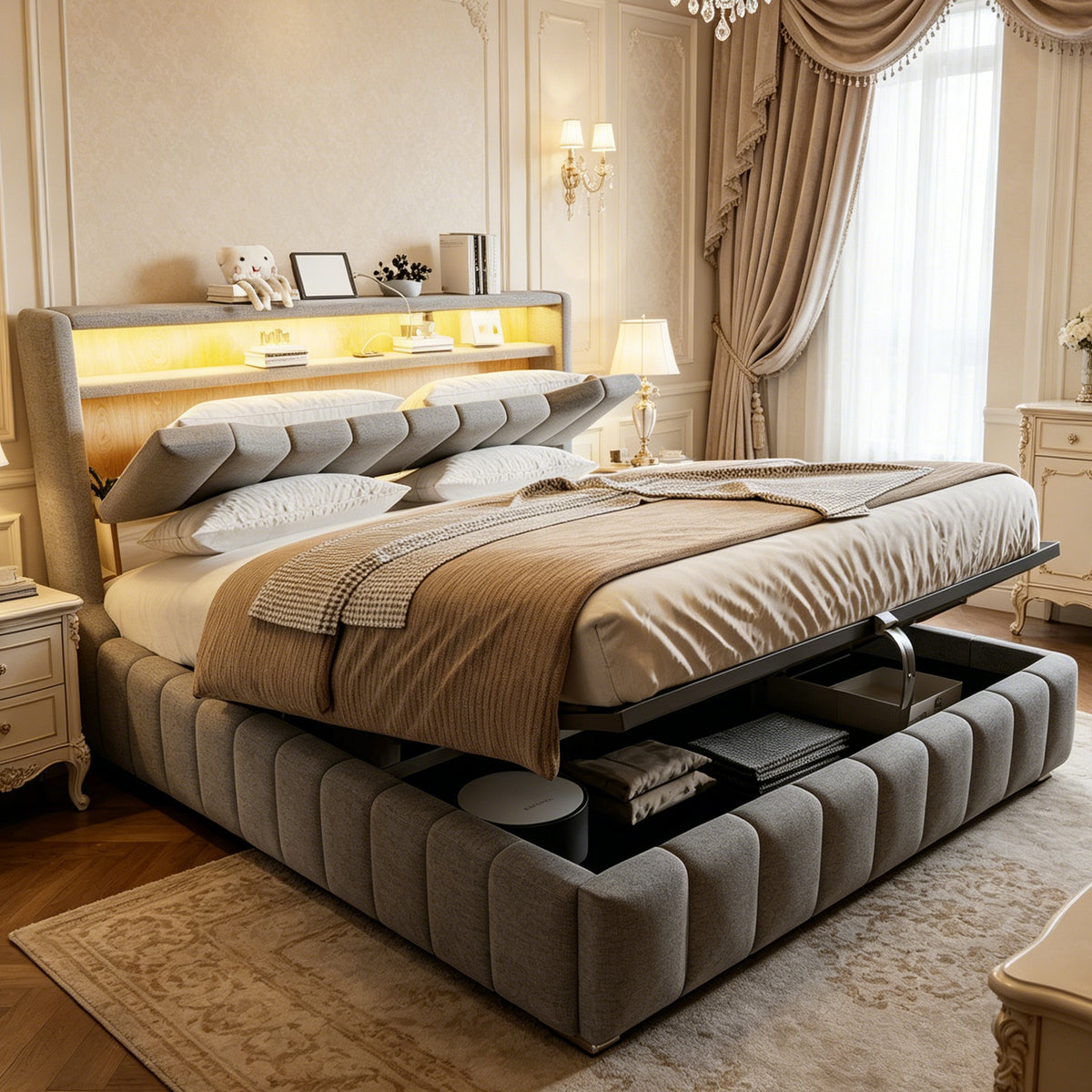 Upholstered Bed 180x200 with Storage & LED Light, Grey Linen