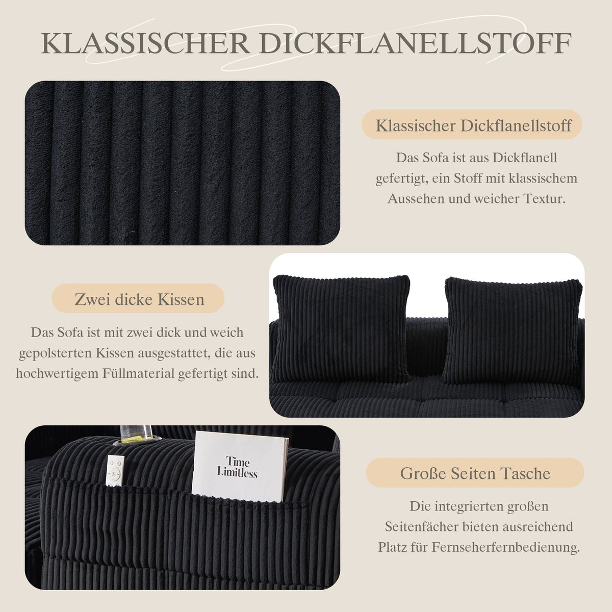 Two-Seater Sofa Storage Pocket Drink Holder - Corduroy Fabric
