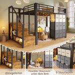 Loft Bed 140x200cm with Storage Stairs & Drawers, Black Metal