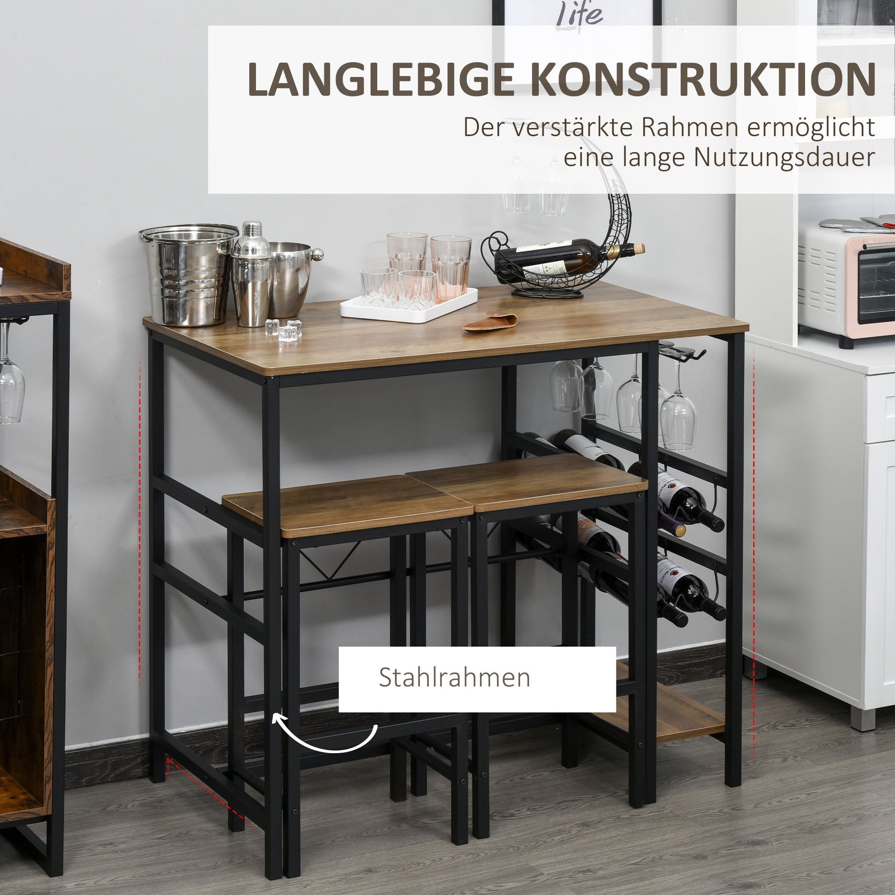 Bar Table Set, 3-Piece with 2 Stools, Steel, Natural and Black