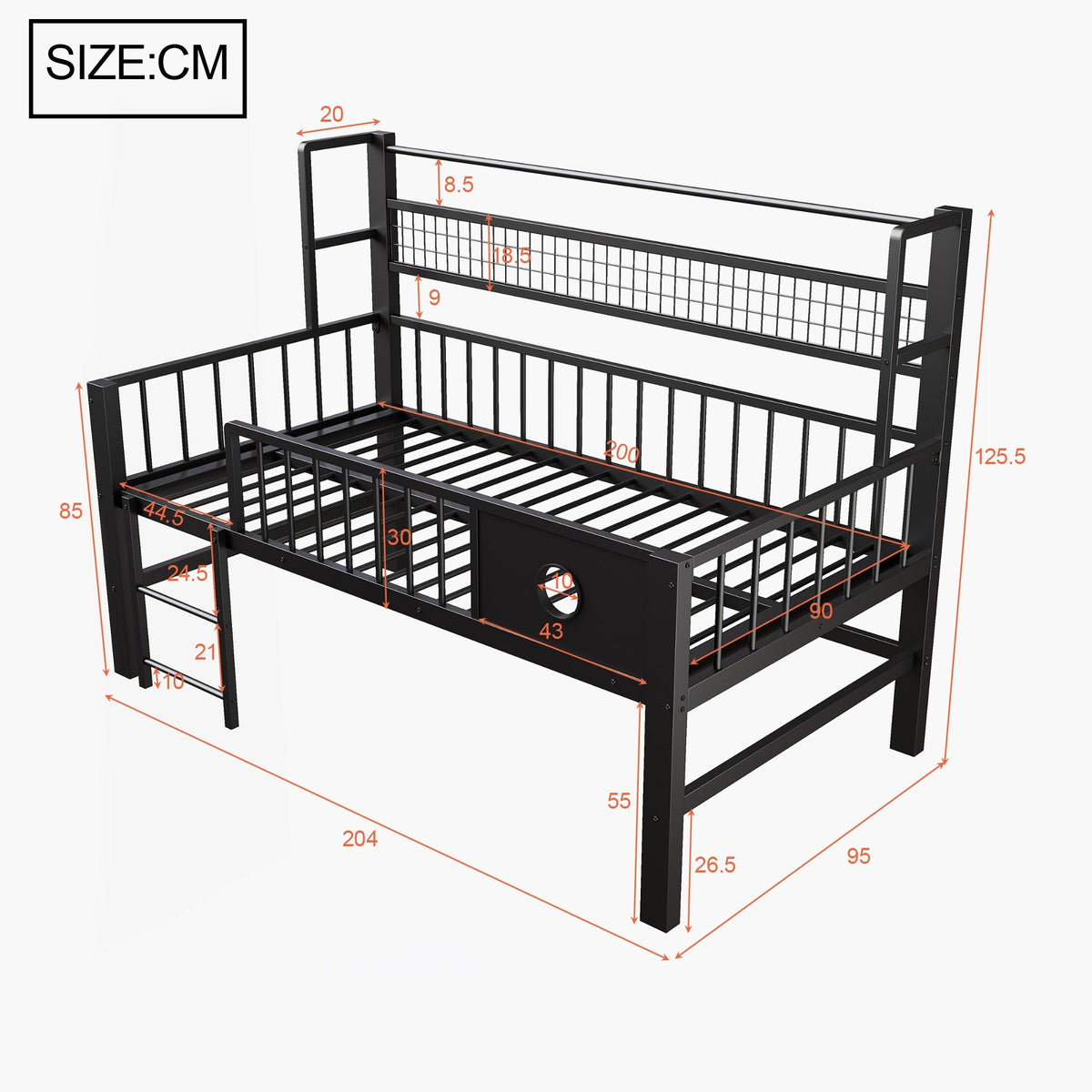 Low Loft Bed with Storage Compartments, 90x200cm, Black Metal