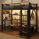 Loft Bed 90x200 with Desk, Shelves & LED Light, Black Iron Frame