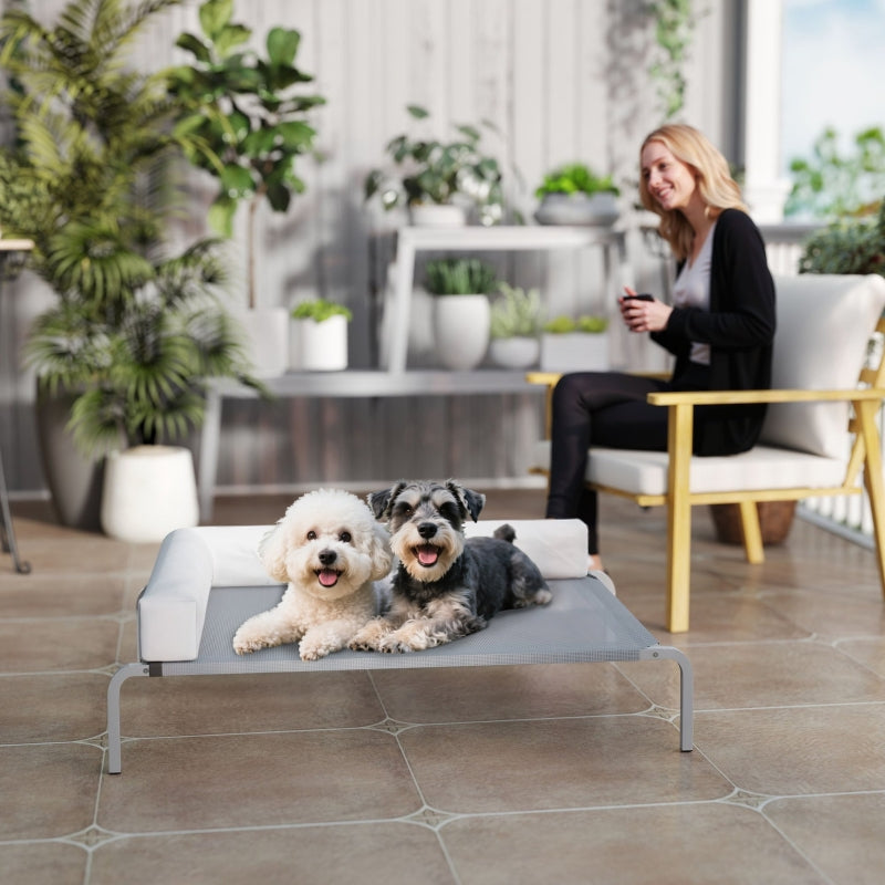 Outdoor Dog Bed, Raised with L-Shaped Cushion for Medium Dogs, Light Grey