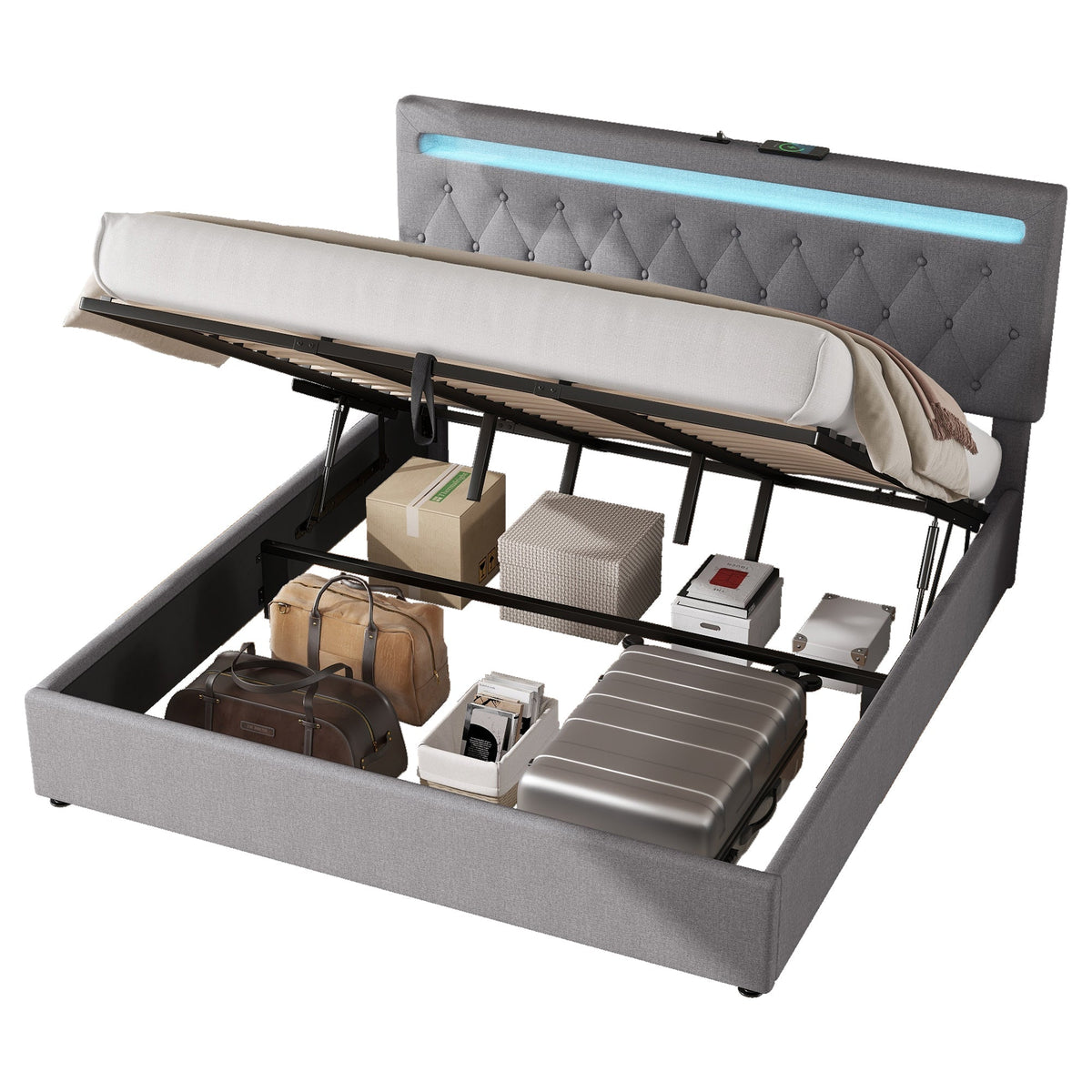 Upholstered Bed 180x200cm Hydraulic Lift Ambient Light USB - Grey