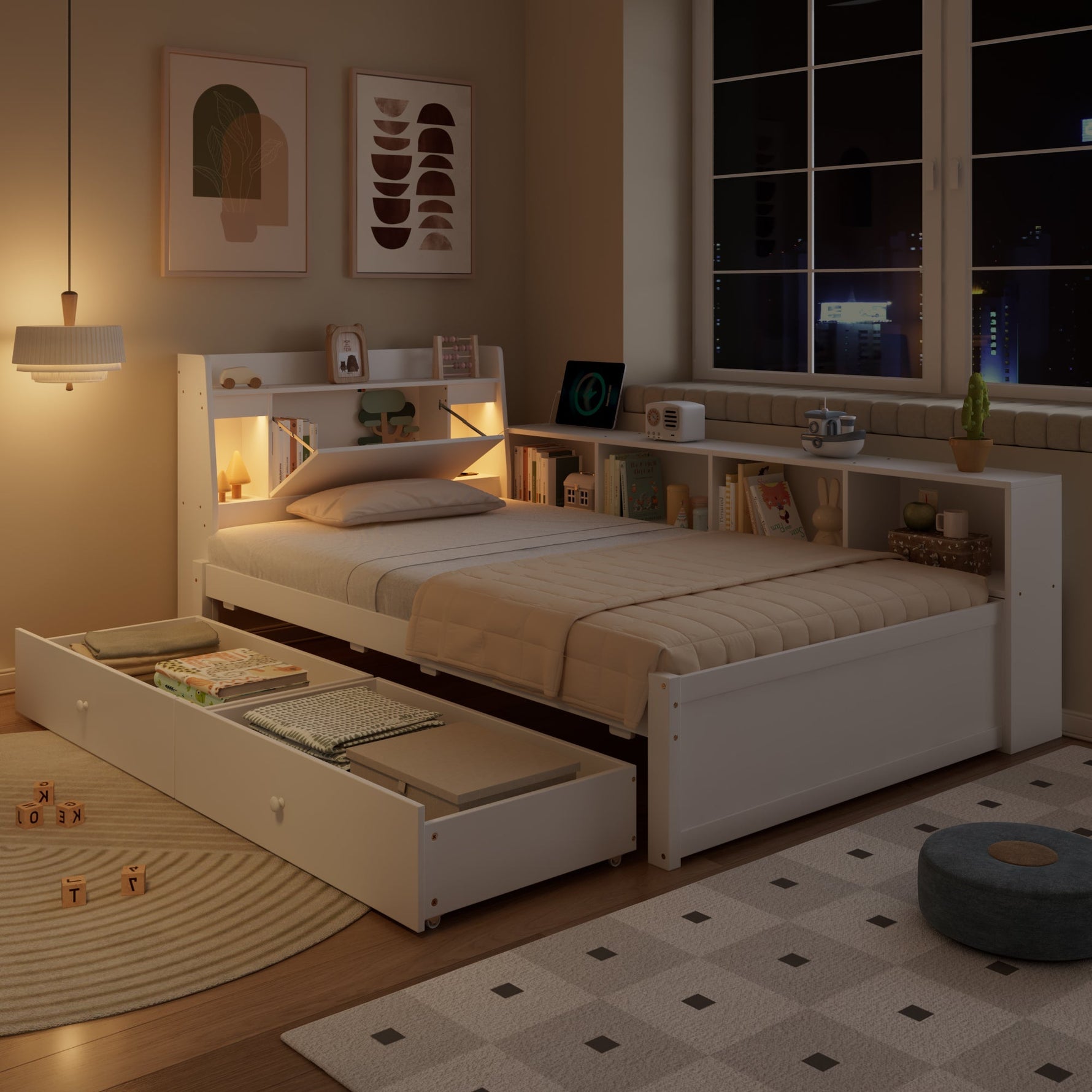 Single Panel Bed, Storage Headboard Lights Charging Drawers 90x200cm, White Pine/MDF
