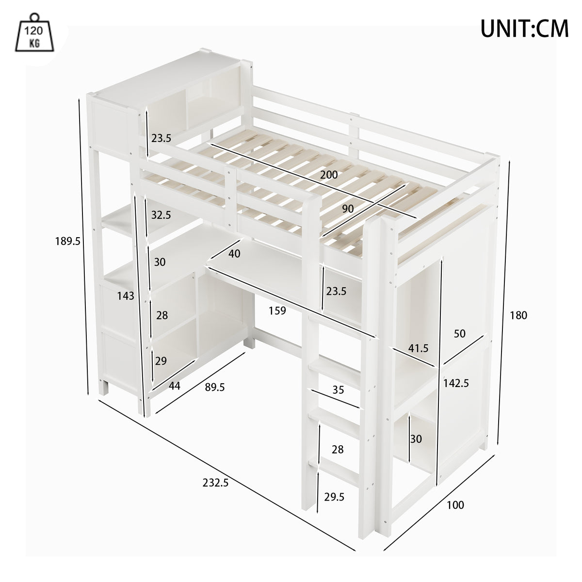 Loft Bed 90x200 cm with Desk, Wardrobe & Storage Shelves, White