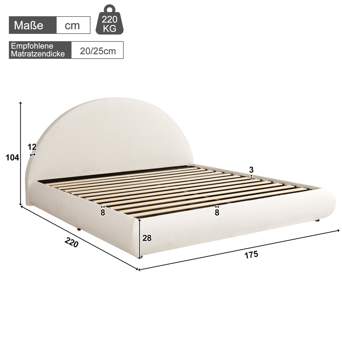 Upholstered Double Bed 160x200cm with Storage, White Bouclé