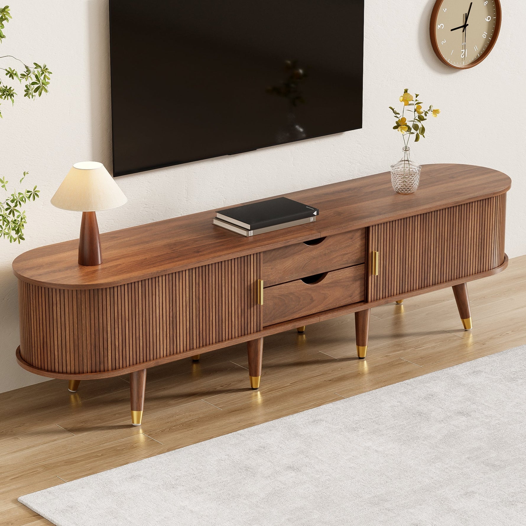TV Cabinet 175cm Rattan Sliding Door Storage, Walnut Look/Natural Design