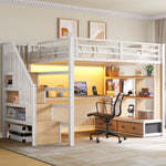 Metal Loft Bed 140x200 with Desk, Shelves & Storage - White