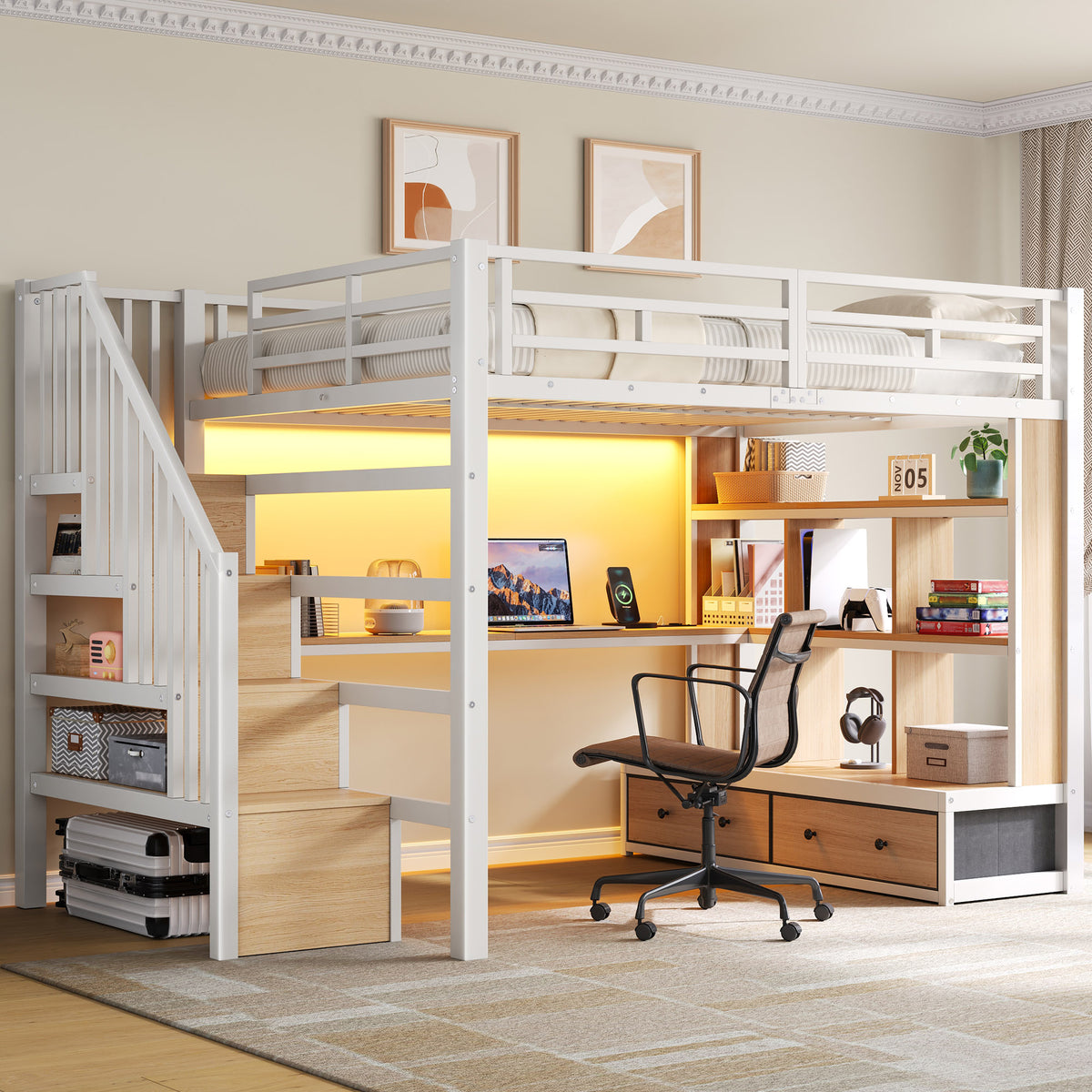 Metal Loft Bed 140x200 with Desk, Shelves & Storage - White